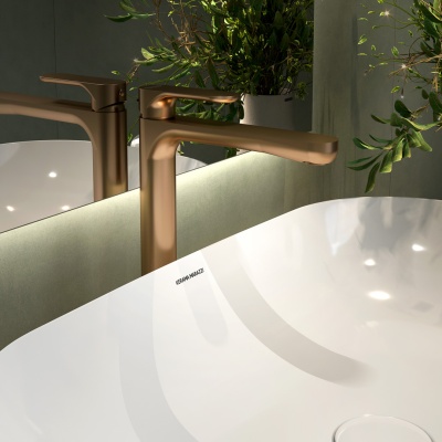 Смеситель для раковины Ole/Оле однорычажный высокий без донного клапана, золотой атласный