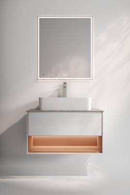 Тумба PLAZA Modern подвесная 80, push, 1 ящик, подсветка, белая матовая+сахара