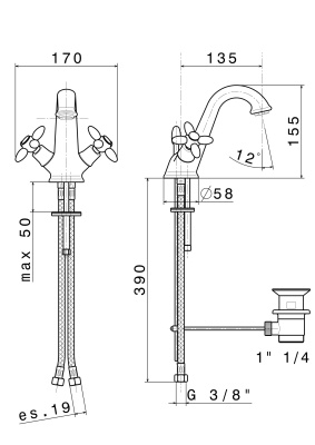 Смеситель для раковины MUSE вентильный с донным клапаном, хром глянец