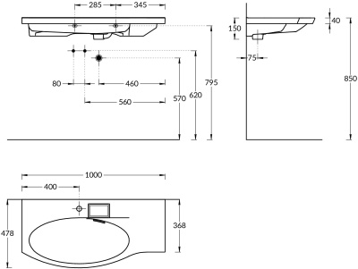 Раковина RIVA мебельная левая с крепежом 100, белая глянцевая