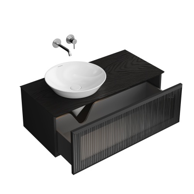 Тумба ICONICO подвесная 100 с рифленым стеклом, 1 ящик, черная