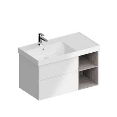 Тумба CUBO левая подвесная с ящиками 90, белая матовая-древесная