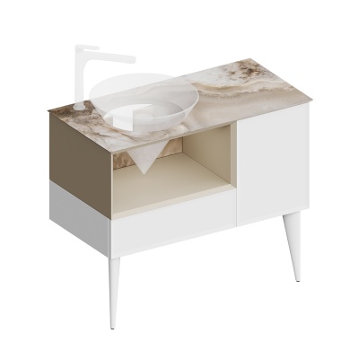 Тумба CONO подвесная с открытой полкой и ящиками 97, белая матовая-лимо