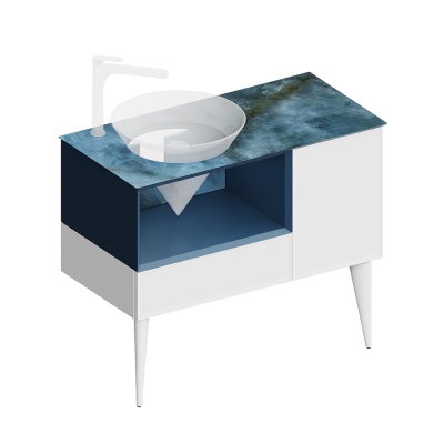 Тумба CONO подвесная с открытой полкой и ящиками 97, белая матовая-синяя