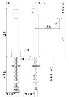 Смеситель для раковины FUTURA однорычажный высокий без донного клапана 3/8, хром