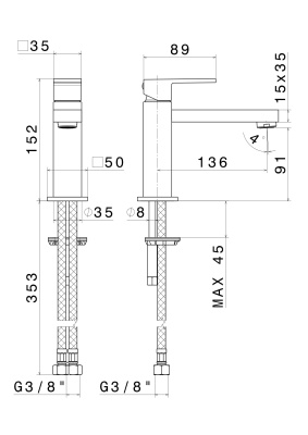 Смеситель для раковины FUTURA однорычажный без донного клапана 3/8, матовый черный Смеситель для раковины FUTURA однорычажный без донного клапана 3/8, матовый черный