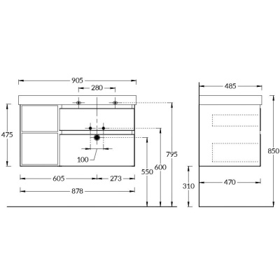 Тумба CUBO правая подвесная с ящиками 90, мальва матовая-древесная Тумба CUBO правая подвесная с ящиками 90, мальва матовая-древесная