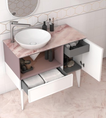 Тумба CONO подвесная с открытой полкой и ящиками 97, белая матовая-мальва