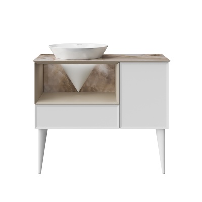 Тумба CONO подвесная с открытой полкой и ящиками 97, белая матовая-лимо