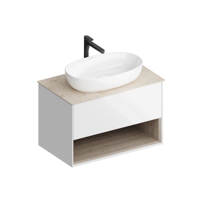 Тумба PLAZA Modern подвесная с ящиком и полкой 80, белая глянцевая Тумба PLAZA Modern подвесная с ящиком и полкой 80, белая глянцевая