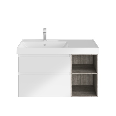 Тумба CUBO левая подвесная с ящиками 90, белая матовая-древесная